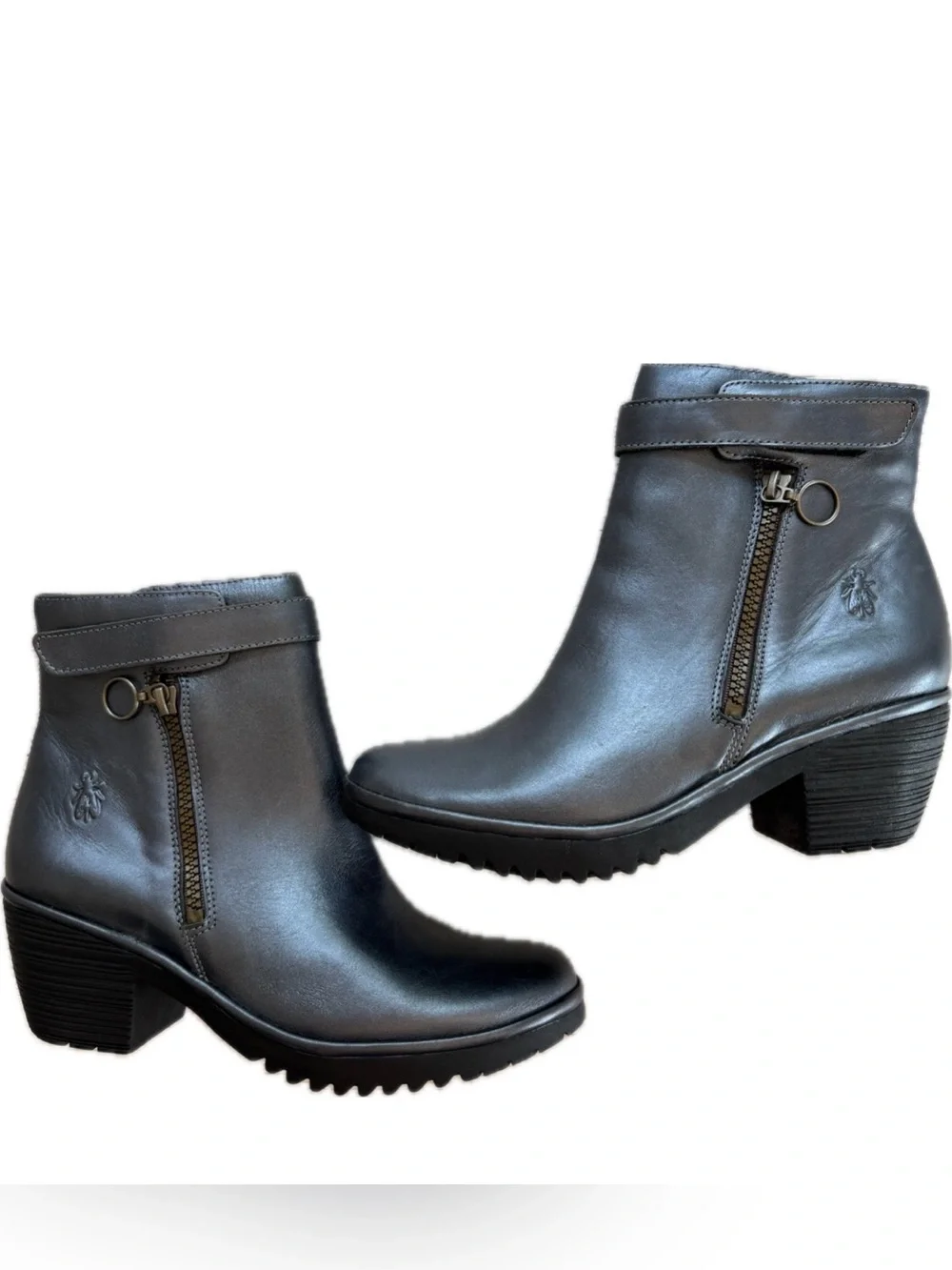 Fly London Women's Metallic Grey Leather Ankle Low Heel Booties 40 / US 9-9.5